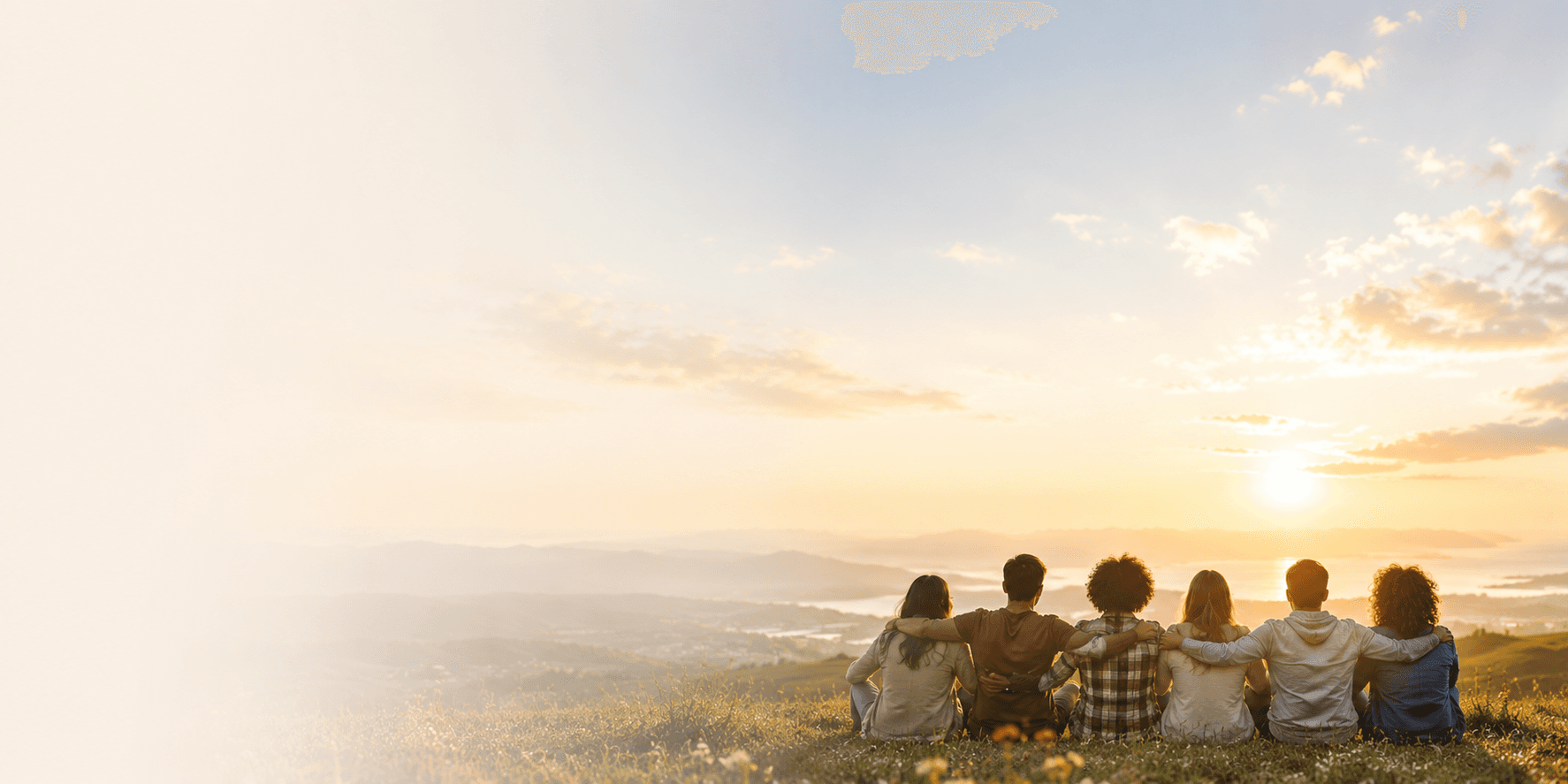 Group of friends sitting together on a hilltop watching the sunset